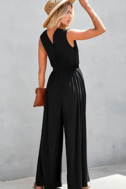 Outlet Dear-Lover Deep V Pleated Crisscross Wide Leg Backless Jumpsuit Black