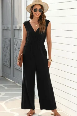 Outlet Dear-Lover Deep V Pleated Crisscross Wide Leg Backless Jumpsuit Black