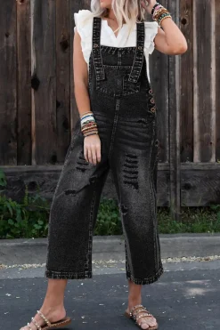 Best Dear-Lover Distressed Bib Pocket Wide Leg Denim Overall Black