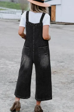 Best Dear-Lover Distressed Bib Pocket Wide Leg Denim Overall Black
