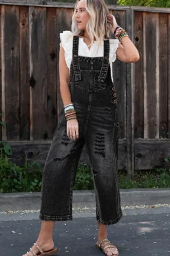 Best Dear-Lover Distressed Bib Pocket Wide Leg Denim Overall Black