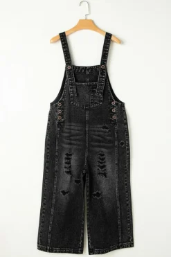 Best Dear-Lover Distressed Bib Pocket Wide Leg Denim Overall Black