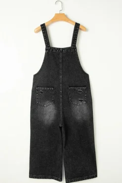 Best Dear-Lover Distressed Bib Pocket Wide Leg Denim Overall Black