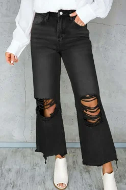 Hot Dear-Lover Distressed Hollow-out High Waist Cropped Flare Jeans Black