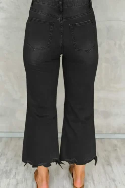 Hot Dear-Lover Distressed Hollow-out High Waist Cropped Flare Jeans Black
