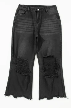 Hot Dear-Lover Distressed Hollow-out High Waist Cropped Flare Jeans Black
