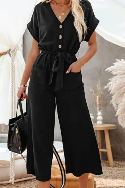 Hot Dear-Lover Dolman Button Belted V Neck Wide Leg Pocketed Jumpsuit Black