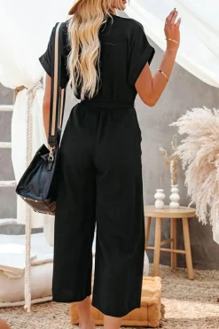 Hot Dear-Lover Dolman Button Belted V Neck Wide Leg Pocketed Jumpsuit Black