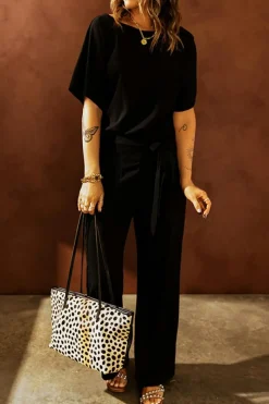 Online Dear-Lover Dolman Sleeve Belted Straight Leg Jumpsuit Black