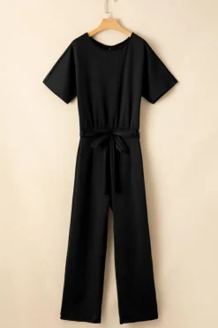 Online Dear-Lover Dolman Sleeve Belted Straight Leg Jumpsuit Black
