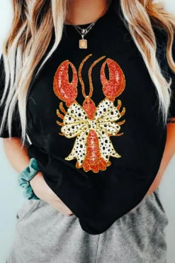 Clearance Dear-Lover Dotty Bow Knot Crawfish Printed T Shirt Black
