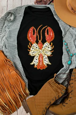 Clearance Dear-Lover Dotty Bow Knot Crawfish Printed T Shirt Black