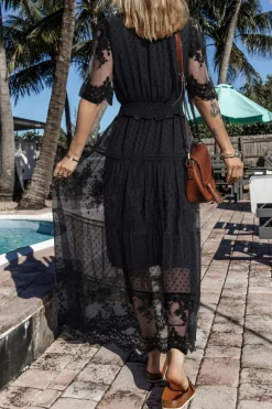 Hot Dear-Lover Dotty Lace Mesh Flowy Maxi Dress Black