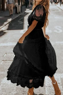 Hot Dear-Lover Dotty Lace Mesh Flowy Maxi Dress Black