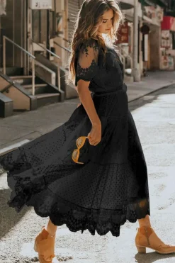 Hot Dear-Lover Dotty Lace Mesh Flowy Maxi Dress Black
