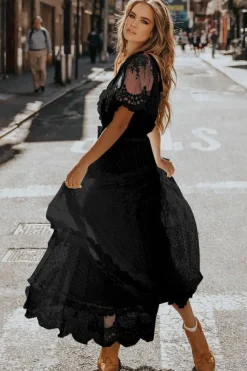 Hot Dear-Lover Dotty Lace Mesh Flowy Maxi Dress Black