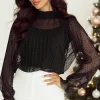 Best Dear-Lover Dotty Lace Sheer Mock Neck Long Sleeve Blouse Black