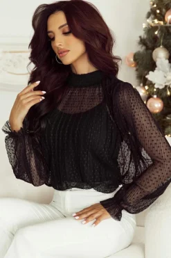 Best Dear-Lover Dotty Lace Sheer Mock Neck Long Sleeve Blouse Black