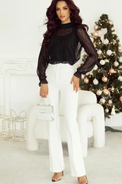 Best Dear-Lover Dotty Lace Sheer Mock Neck Long Sleeve Blouse Black