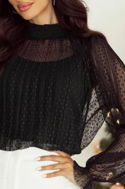 Best Dear-Lover Dotty Lace Sheer Mock Neck Long Sleeve Blouse Black