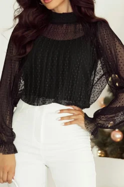 Best Dear-Lover Dotty Lace Sheer Mock Neck Long Sleeve Blouse Black