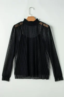 Best Dear-Lover Dotty Lace Sheer Mock Neck Long Sleeve Blouse Black