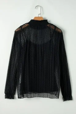 Best Dear-Lover Dotty Lace Sheer Mock Neck Long Sleeve Blouse Black