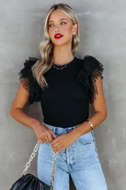 Online Dear-Lover Dotty Mesh Ruffle Sleeve Ribbed Knit Top Black