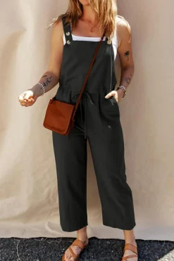 Online Dear-Lover Drawstring Buttoned Straps Cropped Overall Black