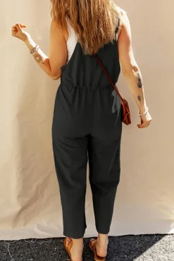 Online Dear-Lover Drawstring Buttoned Straps Cropped Overall Black