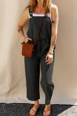 Online Dear-Lover Drawstring Buttoned Straps Cropped Overall Black