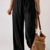 Fashion Dear-Lover Drawstring Elastic Waist Casual Wide Leg Pants Black