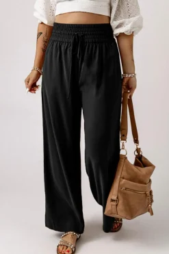 Fashion Dear-Lover Drawstring Elastic Waist Casual Wide Leg Pants Black