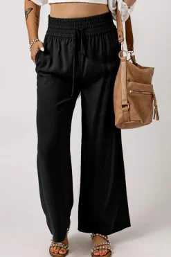 Fashion Dear-Lover Drawstring Elastic Waist Casual Wide Leg Pants Black