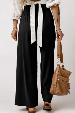 Fashion Dear-Lover Drawstring Elastic Waist Casual Wide Leg Pants Black