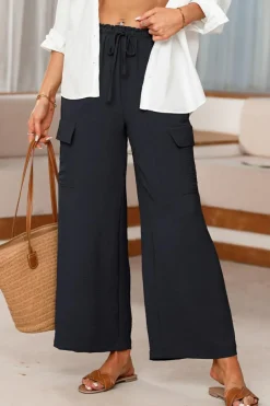 New Dear-Lover Drawstring Frilled Waist Wide Leg Utility Trousers Black