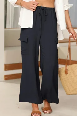 New Dear-Lover Drawstring Frilled Waist Wide Leg Utility Trousers Black