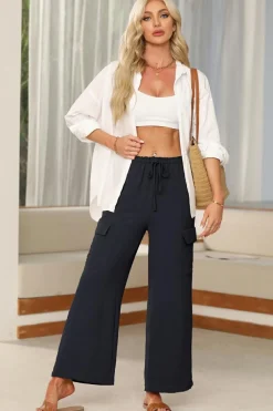 New Dear-Lover Drawstring Frilled Waist Wide Leg Utility Trousers Black