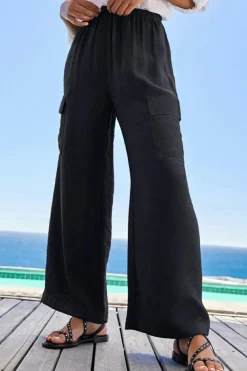 New Dear-Lover Drawstring Frilled Waist Wide Leg Utility Trousers Black