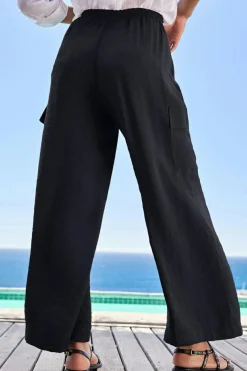 New Dear-Lover Drawstring Frilled Waist Wide Leg Utility Trousers Black