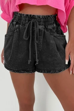 Discount Dear-Lover Drawstring High Waist Casual Denim Shorts with Pockets Black