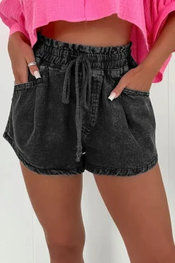 Discount Dear-Lover Drawstring High Waist Casual Denim Shorts with Pockets Black