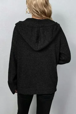 Hot Dear-Lover Drawstring Hooded Button Up Drop Shoulder Sweater Cardigan Black