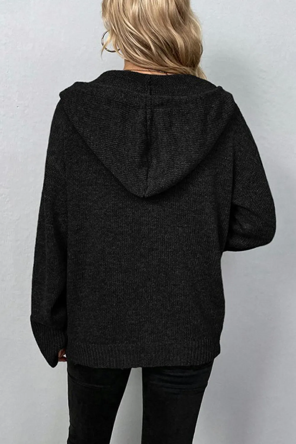 Hot Dear-Lover Drawstring Hooded Button Up Drop Shoulder Sweater Cardigan Black
