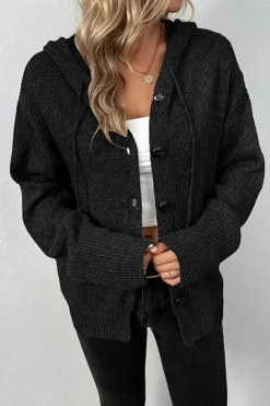 Hot Dear-Lover Drawstring Hooded Button Up Drop Shoulder Sweater Cardigan Black