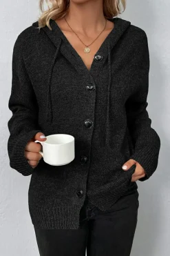 Hot Dear-Lover Drawstring Hooded Button Up Drop Shoulder Sweater Cardigan Black