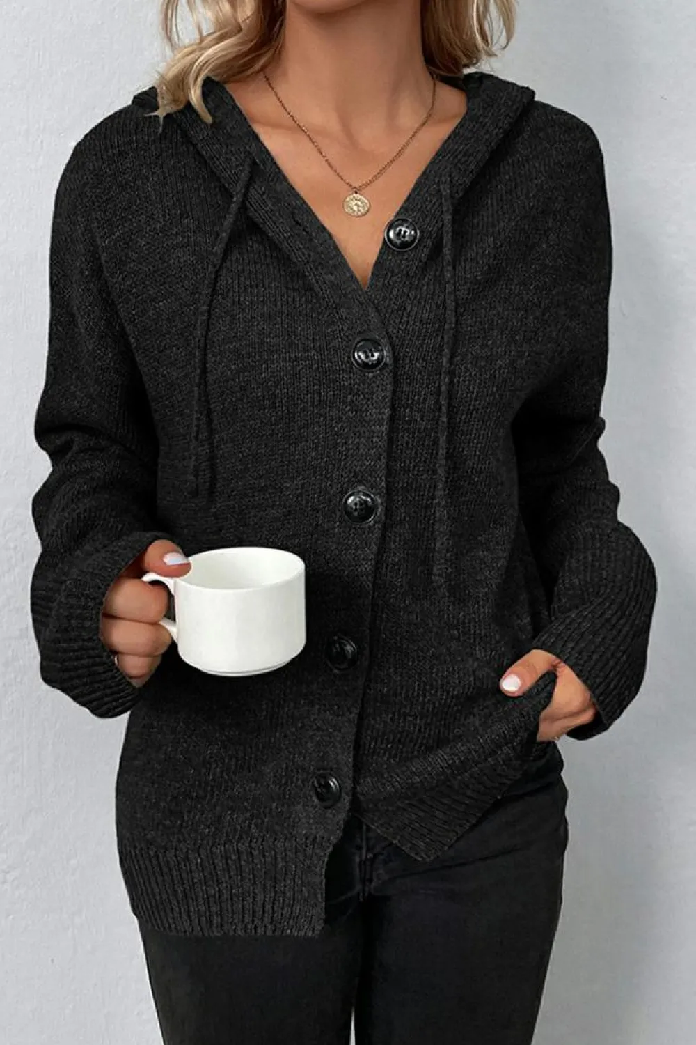 Hot Dear-Lover Drawstring Hooded Button Up Drop Shoulder Sweater Cardigan Black