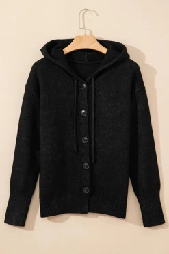 Hot Dear-Lover Drawstring Hooded Button Up Drop Shoulder Sweater Cardigan Black