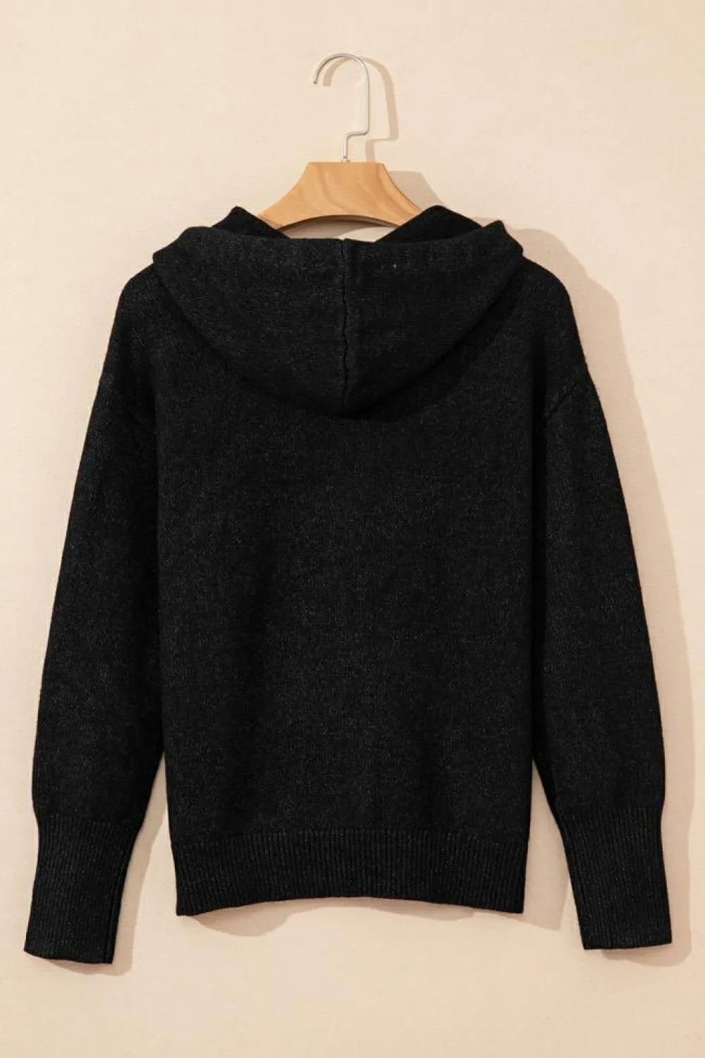 Hot Dear-Lover Drawstring Hooded Button Up Drop Shoulder Sweater Cardigan Black