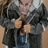 Fashion Dear-Lover Drawstring Hooded Frayed Denim Jacket Black